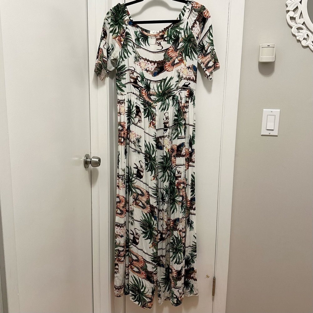 Jaase Tropical Off-the-Shoulder Wide Leg Jumpsuit Jungle Animals Zoo Womens L